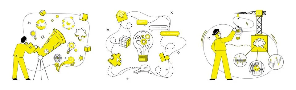 Problem solving. Brainstorming and analysis are dynamic winds steering ship.. Illustrazione stock