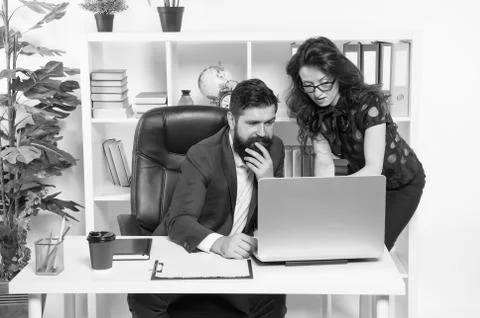 Problem solving. Business partners work on computer. Communication and IT skills Stock Photos