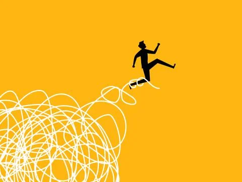 Problem solving. Businessman running away from chaos Illustrazione stock