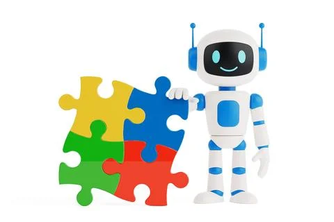 Problem Solving Concept. Cute Smiling AI Robot Standing Next To Colorful Pu.. Illustrazione stock