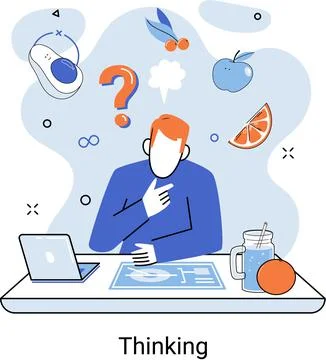 Problem solving concept, man thinking sitting at table, with question mark and 스톡 일러스트