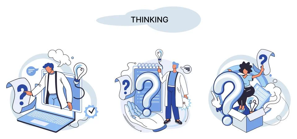 Problem solving concept, man wondering or thinking, planning or pondering, with Illustrazione stock