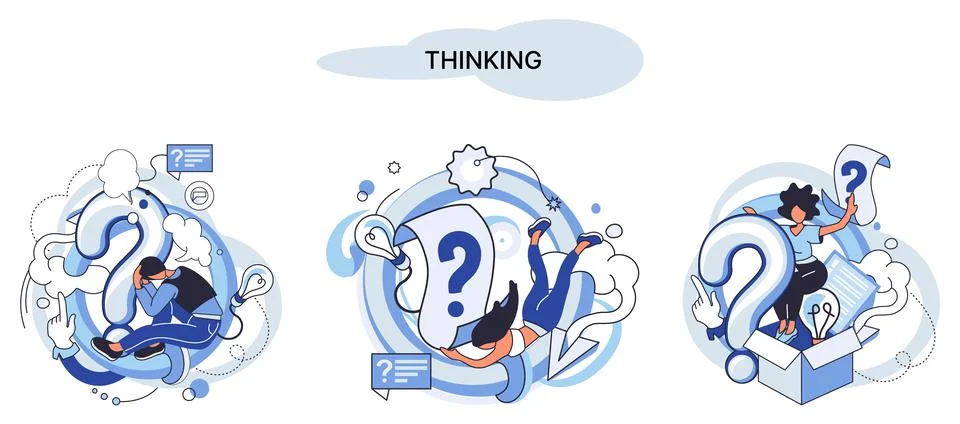 Problem solving concept, man wondering or thinking, planning or pondering, with Illustrazione stock