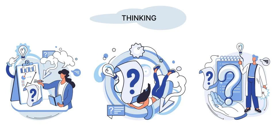 Problem solving concept, man wondering or thinking, planning or pondering, with Illustrazione stock