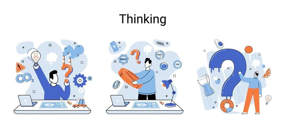 Problem solving concept, man wondering or thinking, planning or pondering, with Stock Illustration