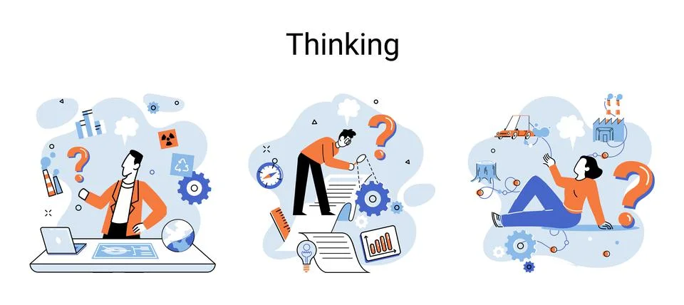 Problem solving concept, man wondering or thinking, planning or pondering, with Stock Illustration