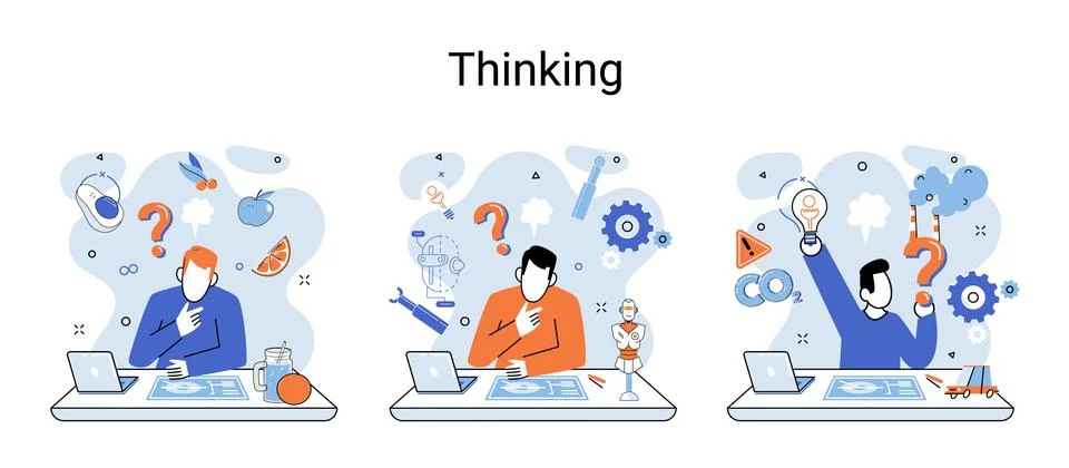 Problem solving concept, man wondering or thinking, planning or pondering, with Illustrazione stock