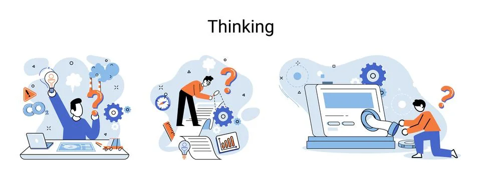 Problem solving concept, man wondering or thinking, planning or pondering, with Illustrazione stock