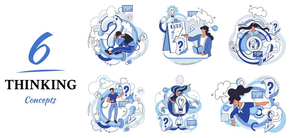 Problem solving concept, man wondering or thinking, planning or pondering, with Illustrazione stock
