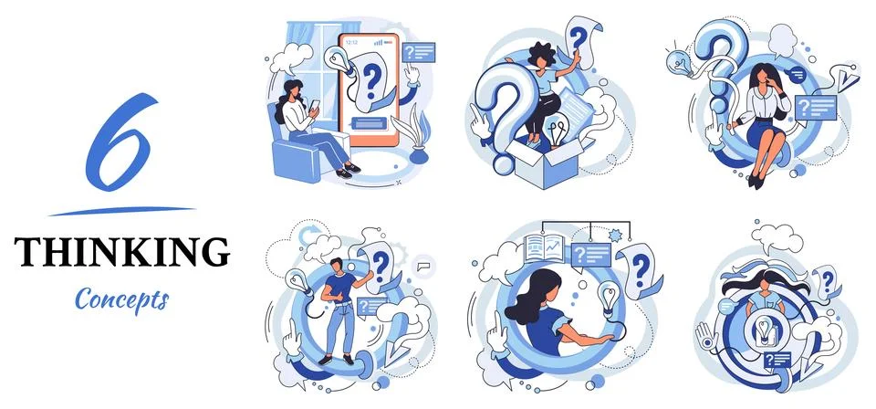 Problem solving concept, man wondering or thinking, planning or pondering, with Illustrazione stock