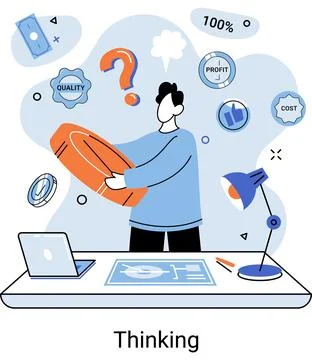 Problem solving concept, man wondering or thinking, planning or pondering, with Illustrazione stock