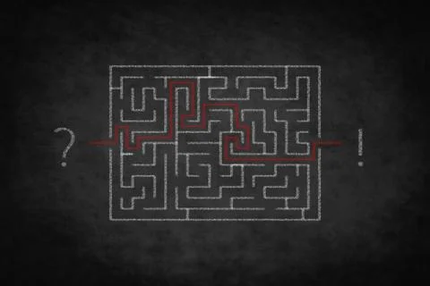 Problem solving concept - question answer ,  labyrinth on chalkboard Illustrazione stock
