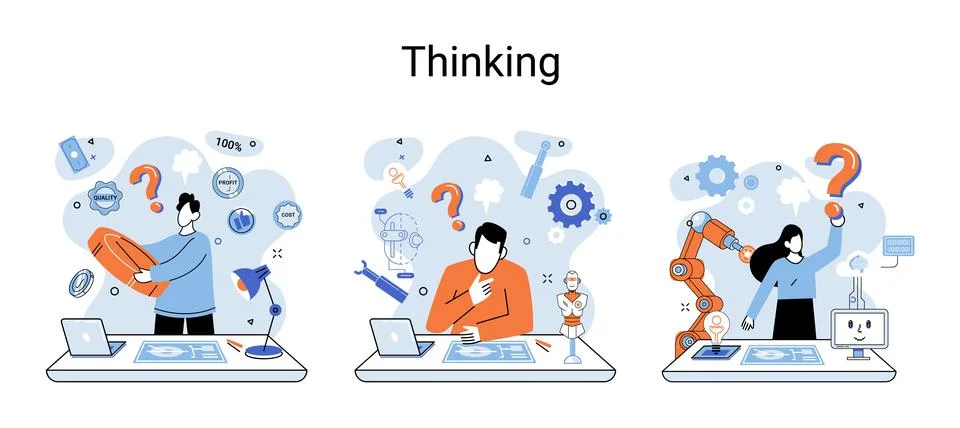 Problem solving concept, woman wondering or thinking, planning or pondering イラスト素材