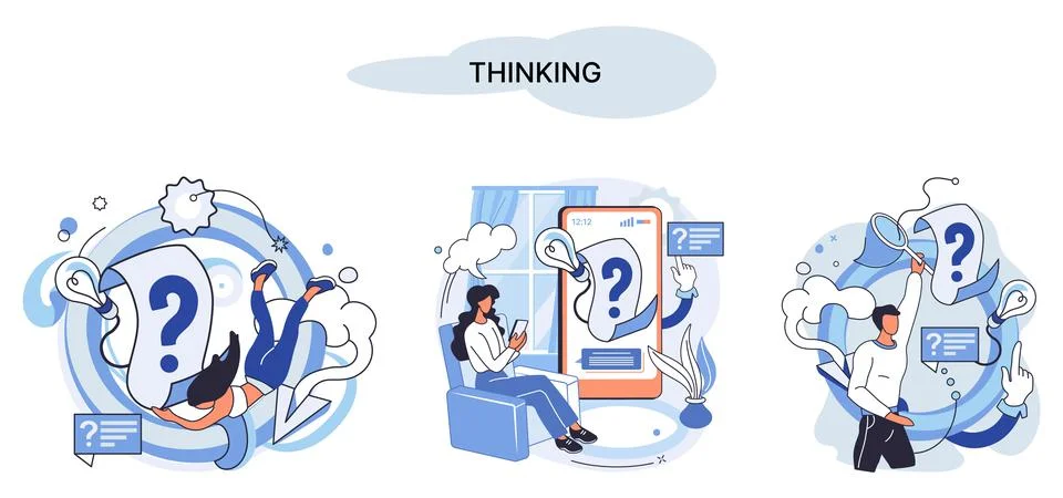 Problem solving concept, woman wondering or thinking, planning or pondering 스톡 일러스트