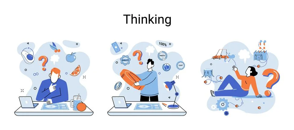 Problem solving concept, woman wondering or thinking, planning or pondering Illustrazione stock
