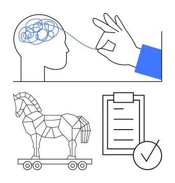 Problem solving, cybersecurity, risk assessment, strategy, mental health, eva Stock Illustration