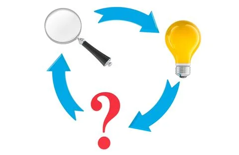 Problem solving cycle, search analysis and idea concept. 3D rendering Illustrazione stock