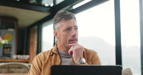 Problem solving, home and man with laptop for remote work, article inspiration Stock Footage 319808576