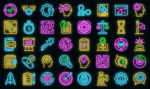 Problem solving icons set vector neon Stock Illustration