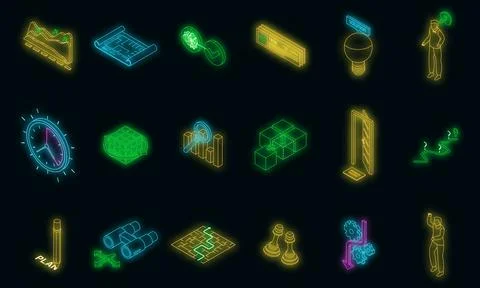Problem solving icons set vector neon Stock Illustration