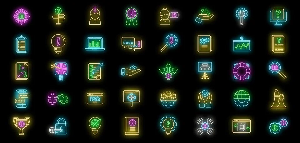 Problem solving icons set vector neon Stock Illustration