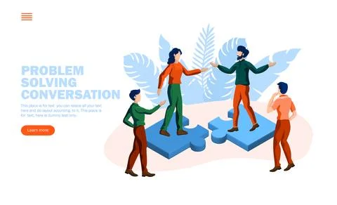 Problem solving with jigsaw and team conversation vector illustration concept Stock Illustration
