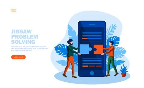 Problem solving with jigsaw and two person conversation with mobile in back.. 스톡 일러스트