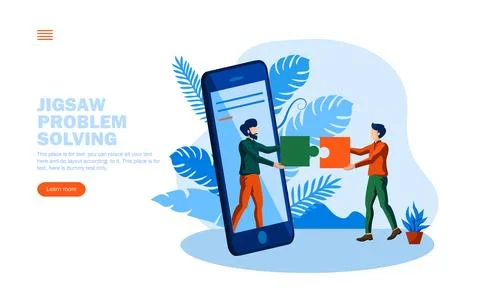 Problem solving with jigsaw and two person conversation with mobile concept.. Illustrazione stock