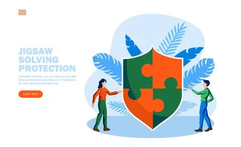 Problem solving with jigsaw shield and two person conversation concept vect.. 스톡 일러스트