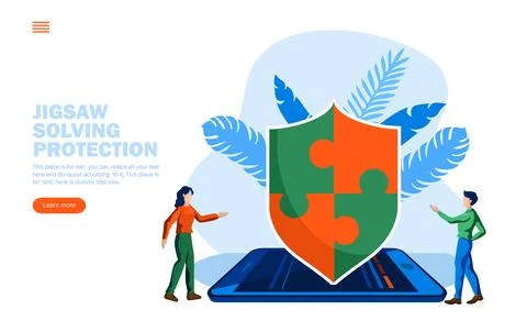 Problem solving with jigsaw shield on mobile and two person conversation co.. Stock Illustration