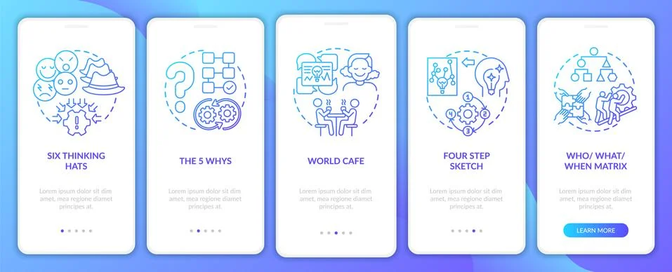 Problem solving methods navy onboarding mobile app page screen with concepts 스톡 일러스트