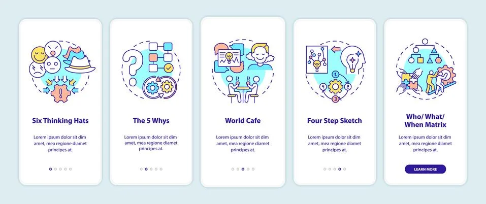 Problem solving methods onboarding mobile app page screen with concepts 스톡 일러스트