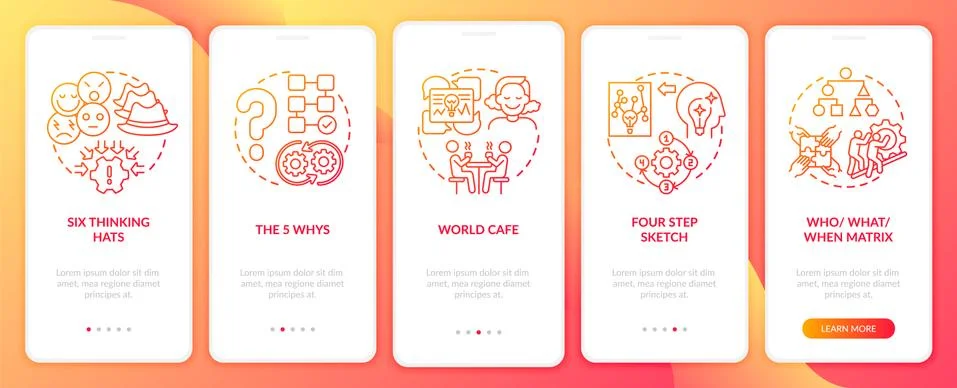 Problem solving methods red onboarding mobile app page screen with concepts 스톡 일러스트