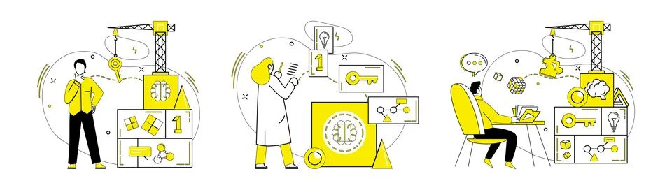 Problem solving. Problem solving metaphorically dances with innovation in b.. Illustrazione stock