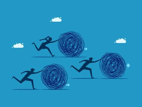 Problem solving for progress. Businessmen work together to push the chaos pro Illustrazione stock