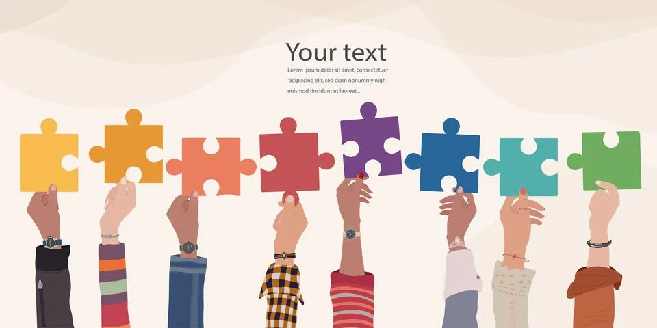 Problem solving. Raised hand of business people holding a jigsaw puzzle piece. Stock Illustration