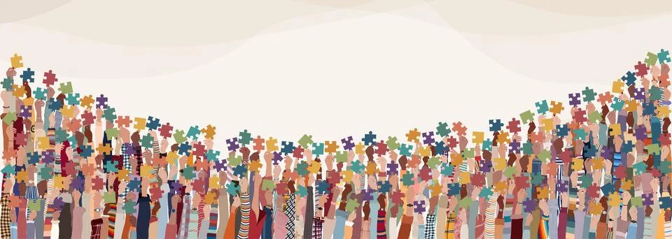 Problem solving. Raised hand of business people holding a jigsaw puzzle piece 스톡 일러스트