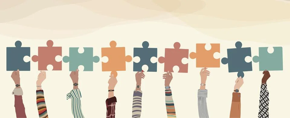Problem solving. Raised hand of business people holding a jigsaw puzzle piece. Stock Illustration