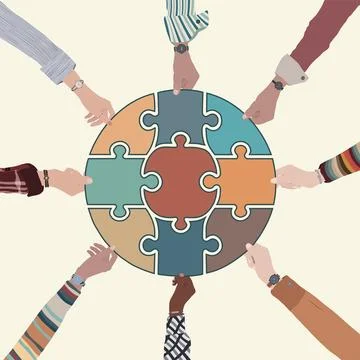 Problem solving. Raised hand of business people holding a jigsaw puzzle piece. Stock Illustration