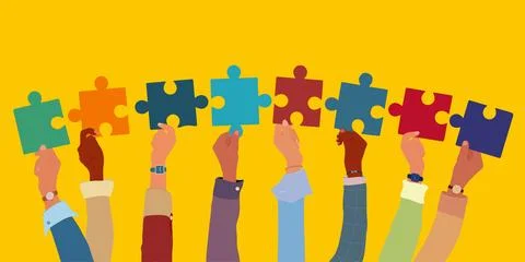 Problem Solving. Raised Hand of business people holding a jigsaw puzzle piece 스톡 일러스트