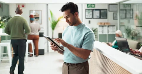 Problem solving, research and tablet with designer man reading creative Stock Footage 289606681