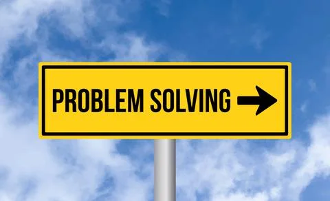 Problem solving road sign on blue sky background Stock Photos