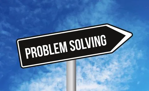 Problem solving road sign on blue sky background Stock Photos