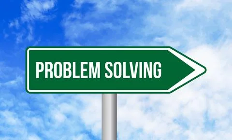 Problem solving road sign on blue sky background Stock Photos