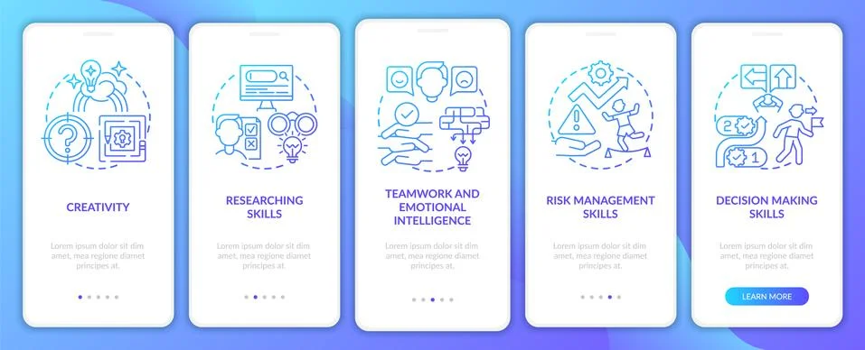 Problem-solving skills navy onboarding mobile app page screen with concepts Stock Illustration