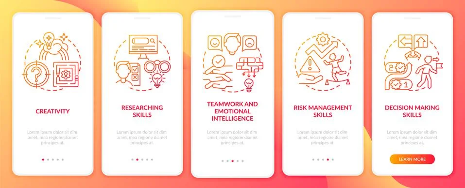 Problem-solving skills red onboarding mobile app page screen with concepts Illustrazione stock