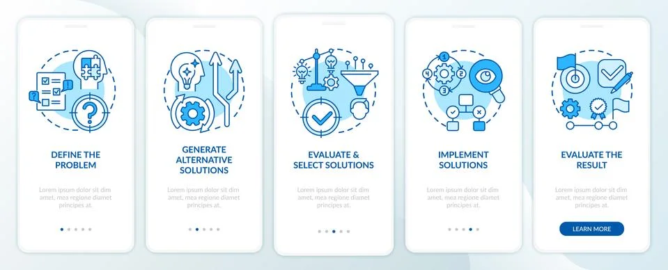 Problem solving steps blue onboarding mobile app page screen with concepts 스톡 일러스트
