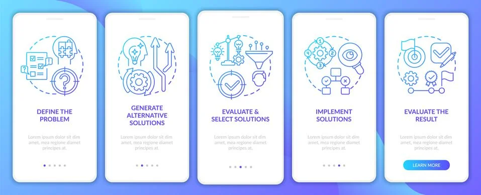 Problem solving steps navy onboarding mobile app page screen with concepts 스톡 일러스트