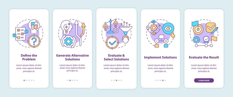 Problem solving steps onboarding mobile app page screen with concepts 스톡 일러스트
