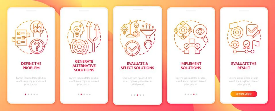 Problem solving steps red onboarding mobile app page screen with concepts 스톡 일러스트